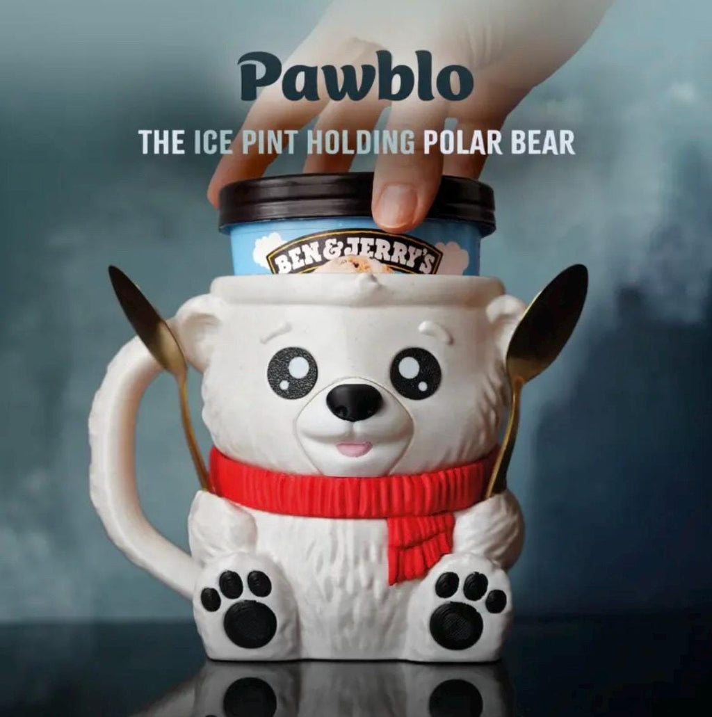 Polar Bear Ice Cream Holder Mug – Ice Pint Holder with Magnetic Scarf & Snack Drawer.    (LEHADESIGN)