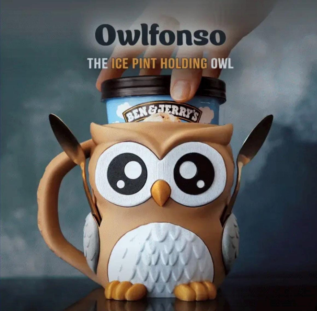 Owl Ice Cream Holder Mug – Ice Pint Holder with Secret Snack Drawer & Spoon Slots (LEHADESIGN)