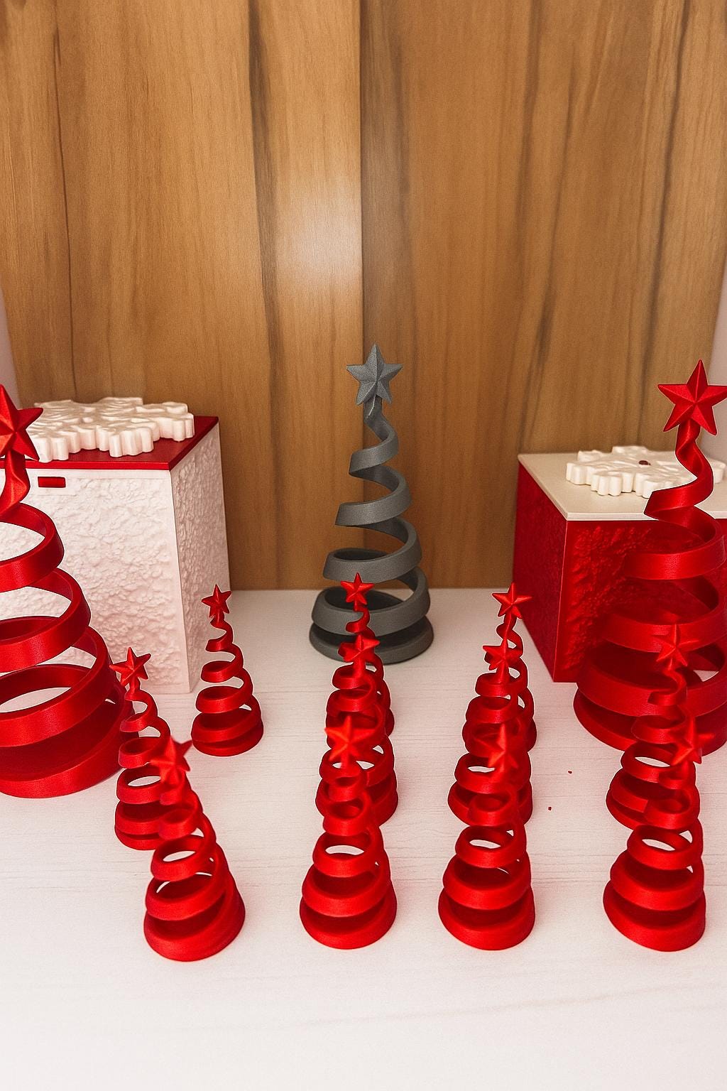 Minimalist Spiral Christmas Tree Decoration – 3D Printed Red Holiday Ornament – Modern Festive Table Decor